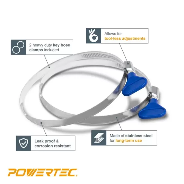 POWERTEC 4 in. x 10 ft. Flexible PVC Dust Collection Hose with 2 Key Hose Clamps, Clear Color