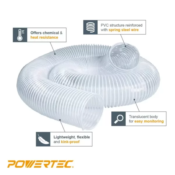 POWERTEC 2-1/2 in. x 50 ft. Flexible PVC Dust Collection Hose with 2 Key Hose Clamps, Clear Color