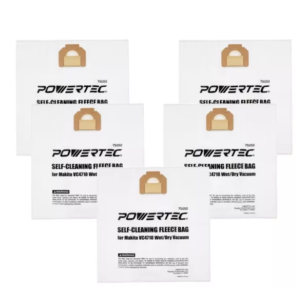 POWERTEC Self-Cleaning Fleece Bag Replacement for Makita VC4710 Wet/Dry Vacuum (5-Pack)