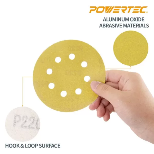 POWERTEC 5 in. 8-Hole 120-Grit Hook and Loop Sanding Discs in Gold (50-Pack)