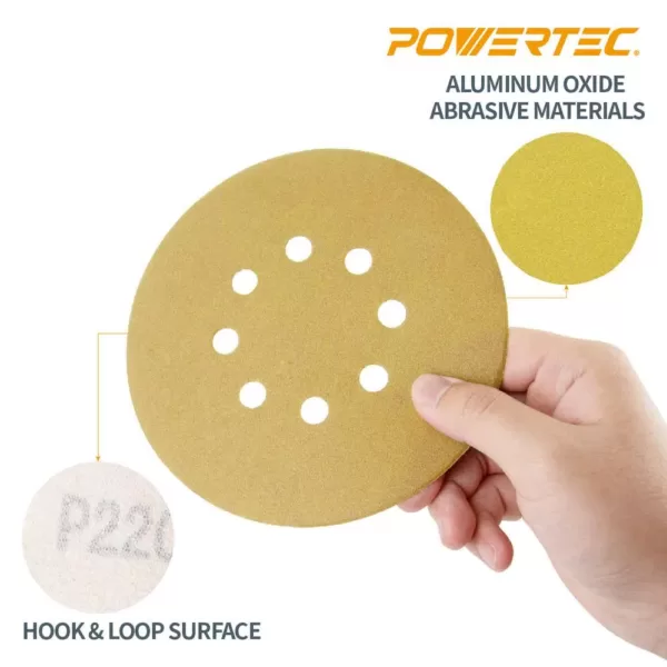 POWERTEC 6 in. 8-Hole 100-Grit Hook and Loop Sanding Discs in Gold (50-Pack)