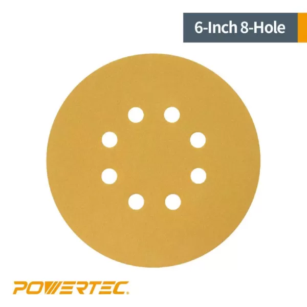 POWERTEC 6 in. 8-Hole 120-Grit Hook and Loop Sanding Discs in Gold (50-Pack)