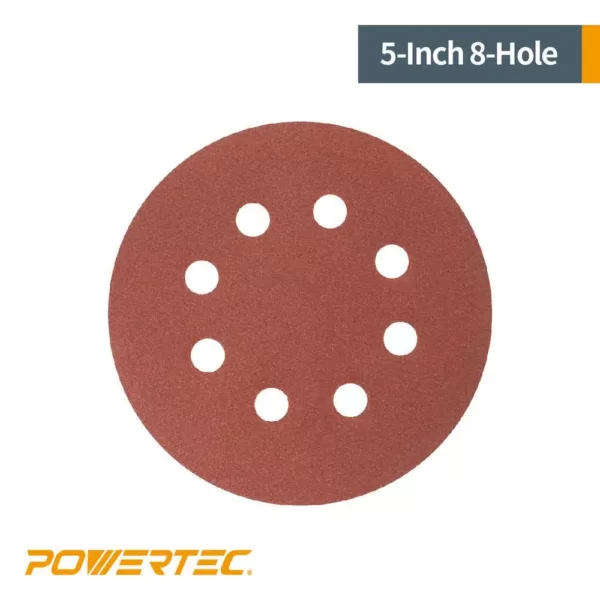 POWERTEC 5 in. 180-Grit Aluminum Oxide Hook and Loop 8-Hole Disc (25-Pack)