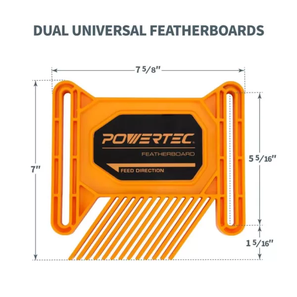 POWERTEC Dual Universal Featherboards for Multi-Functional Woodworking with Flex and Miter Lock System (2-Pack)