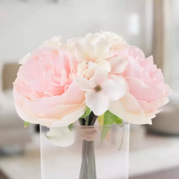 Pure Garden 7.5 in. Hydrangea and Rose Floral Pink and Cream Arrangement