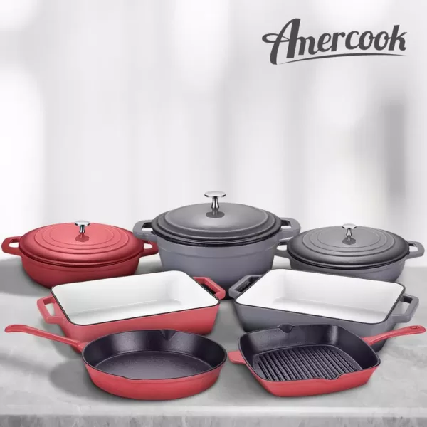 AMERCOOK LA PLURIEL 3 qt. Round Enameled Cast Iron Casserole Pan in Red with Lid