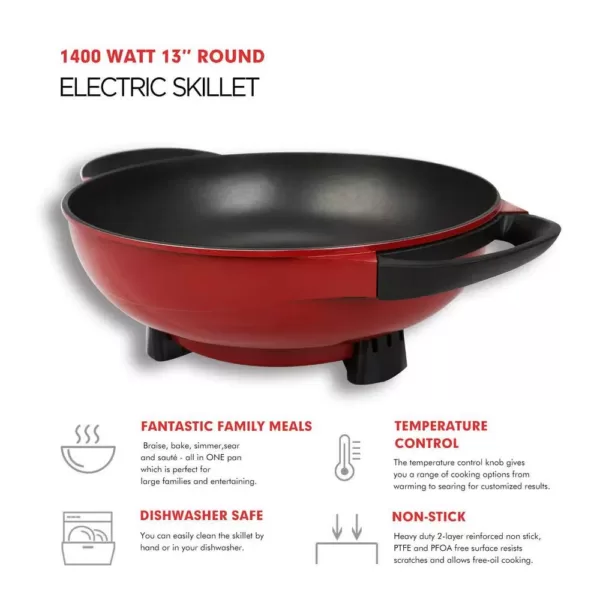 Boyel Living 6.3 in. x 16.9 in. x 13 in. Red 1400-Watt Professional Non-Stick Copper Electric Skillet Jumbo