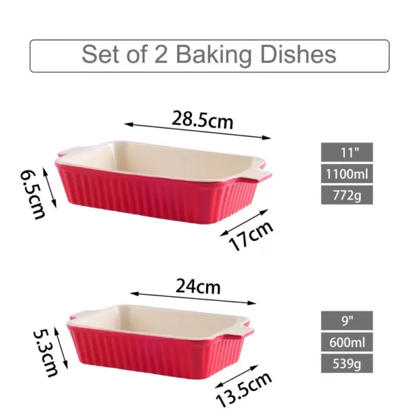 MALACASA 2-Piece Red Rectangle Porcelain Bakeware Set 9 in. and 11 in. Baking Dishes