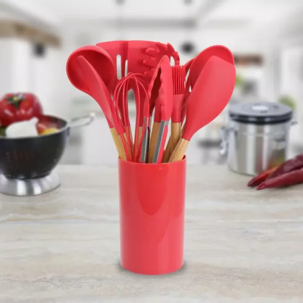 MegaChef Red Silicone and Wood Cooking Utensils (Set of 12)