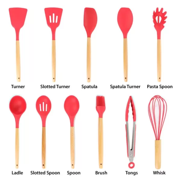 MegaChef Red Silicone and Wood Cooking Utensils (Set of 12)