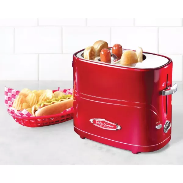 Nostalgia Retro Series 2-Slice Red Long Slot Hot Dog and Bun Toaster with Crumb Tray and Mini Tongs