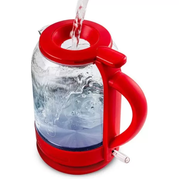 Ovente 6.3-Cup Red Glass Electric Kettle with ProntoFill Technology - Fill Up with the Lid On