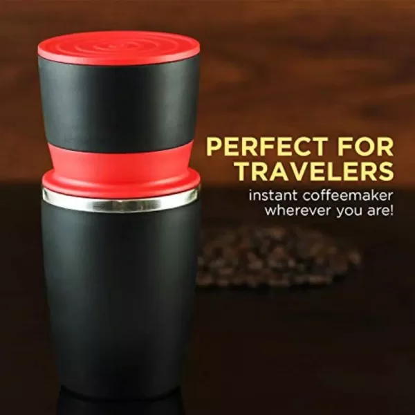 Ovente Single Serve Red Coffee Grinder, French Press, 2-in-1 Carafe Coffee Maker Machine, With Insulated Cup