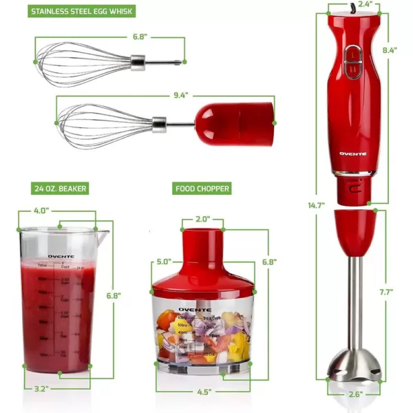 Ovente Ultra-Stick Immersion, 300-Watts, Hand Blender Set, Whisk+Beaker+Chopper, Stainless Steel, 2-Speed Setting