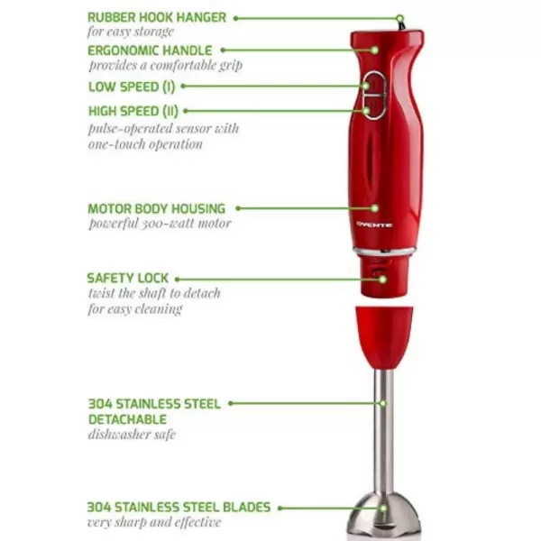 Ovente Ultra-Stick Immersion, 300-Watts, Hand Blender Set, Whisk+Beaker+Chopper, Stainless Steel, 2-Speed Setting