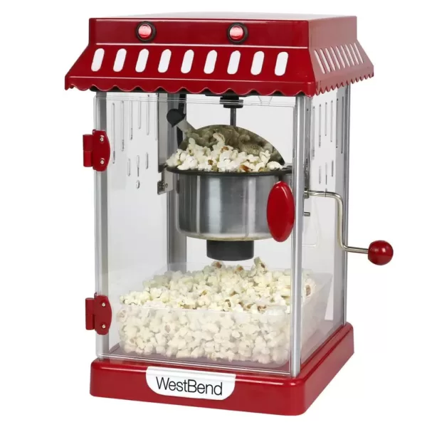 West Bend Popcorn Cart 2.5 oz Non-Stick Stainless Steel Kettle, Makes 10 Cups, Cabinet Built-In Light, with Spoon & Scoop