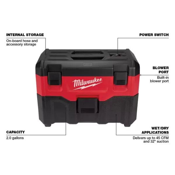 Milwaukee M18 18-Volt 2 Gal. Lithium-Ion Cordless Wet/Dry Vacuum W/ Extra Wet/Dry HEPA Filter