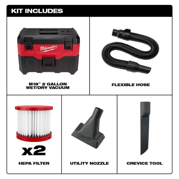 Milwaukee M18 18-Volt 2 Gal. Lithium-Ion Cordless Wet/Dry Vacuum W/ Extra Wet/Dry HEPA Filter