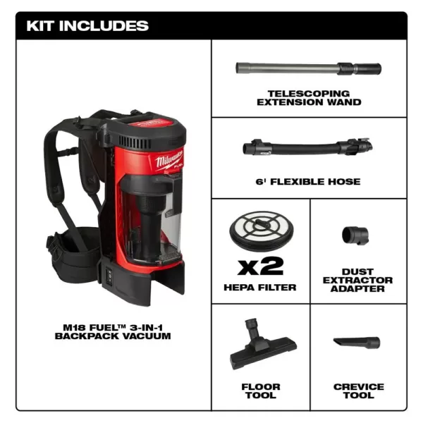 Milwaukee M18 FUEL 18-Volt Lithium-Ion Brushless 1 Gal. Cordless 3-in-1 Backpack Vacuum with Extra HEPA Filter