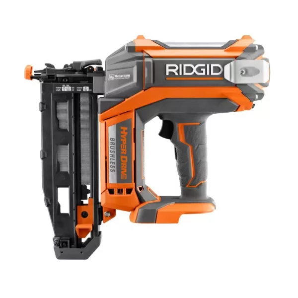 RIDGID 18-Volt Cordless Brushless HYPERDRIVE 16-Gauge 2-1/2 in. Straight Finish Nailer(Tool Only), Belt Clip, Bag, Sample Nails