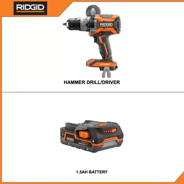 RIDGID 18-Volt OCTANE Cordless Brushless 1/2 in. Hammer Drill/Driver with 18-Volt Lithium-Ion 1.5 Ah Battery