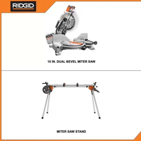 RIDGID 15 Amp 10 in. Dual Miter Saw with LED Cut Line Indicator and Professional Compact Miter Saw Stand