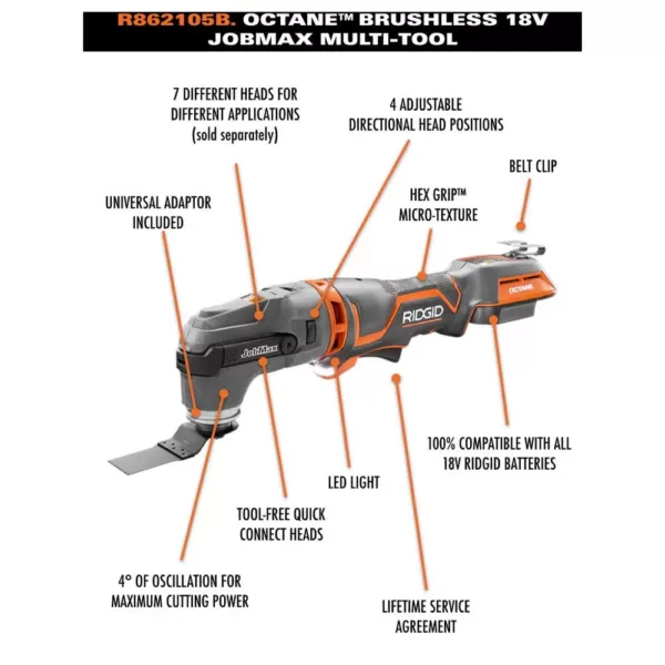 RIDGID 18-Volt OCTANE Cordless Brushless JobMax Multi-Tool with JobMax Oscillating Multi-Tool Blade Accessory Kit