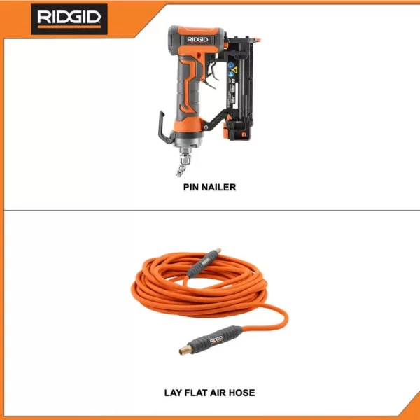 RIDGID 23-Gauge 1-3/8 in. Headless Pin Nailer with Dry-Fire Lockout with 1/4 in. 50 ft. Lay Flat Air Hose