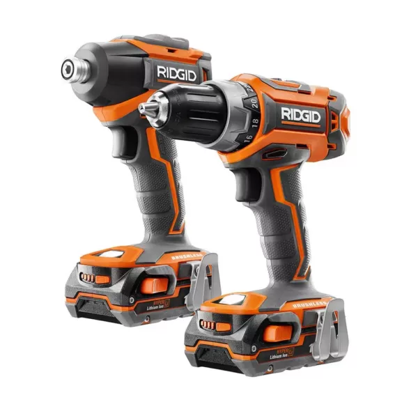 RIDGID 18-Volt Lithium-Ion Cordless Brushless Drill/Driver and Impact Driver Combo Kit w/(2) 1.5 Ah Batteries, Charger, and Bag