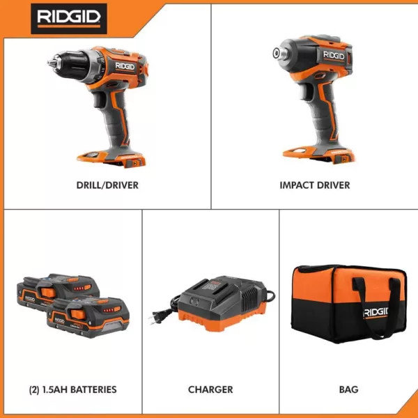 RIDGID 18-Volt Lithium-Ion Cordless Brushless Drill/Driver and Impact Driver Combo Kit w/(2) 1.5 Ah Batteries, Charger, and Bag