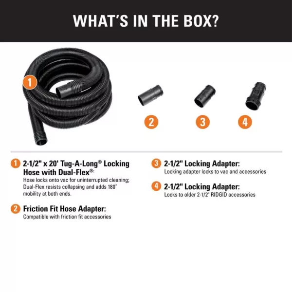 RIDGID 2-1/2 in. x 20 ft. Dual-Flex Tug-A-Long Locking Vacuum Hose for RIDGID Wet/Dry Shop Vacuums