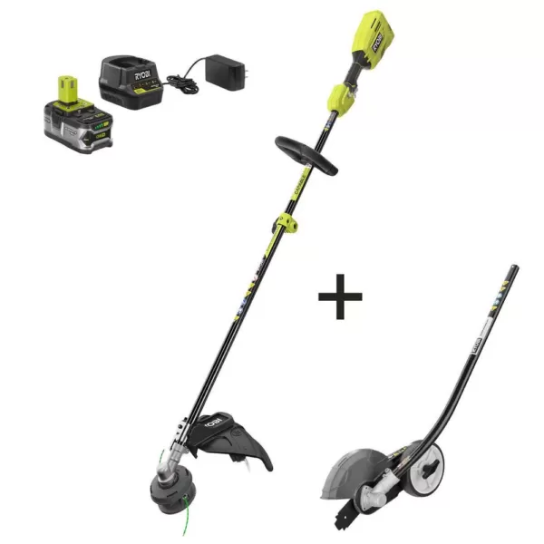 RYOBI ONE+ 18-Volt Cordless Attachment Capable Brushless String Trimmer with Edger Attachment 4.0 Ah Battery, Charger Included