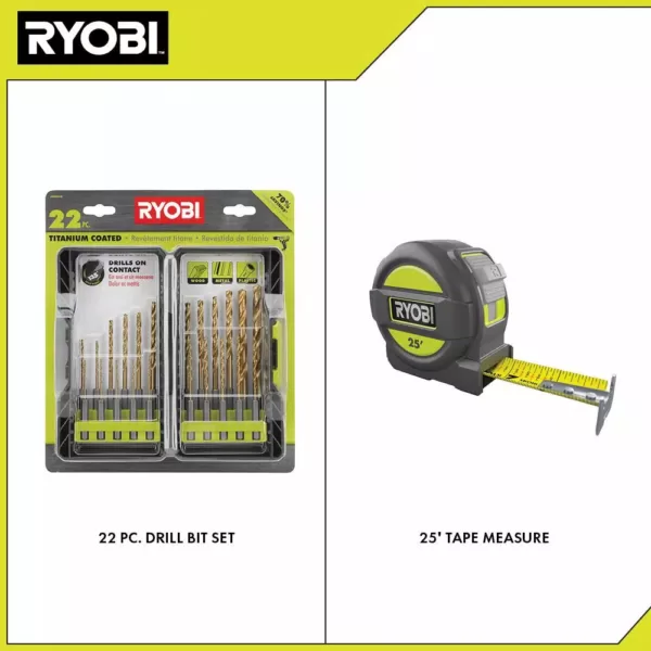 RYOBI Titanium Drill Bit Kit (22-Piece) with BONUS 25FT Tape Measure