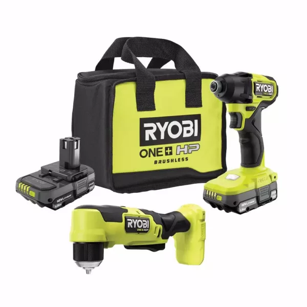 RYOBI ONE+ HP 18V Brushless Cordless Compact 1/4 in. Impact Driver and 3/8 in. Right Angle Drill with (2) Batteries, Charger