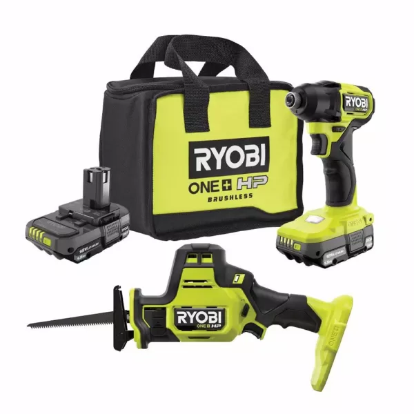 RYOBI ONE+ HP 18V Brushless Cordless Compact 1/4 in. Impact Driver and One-Handed Recip Saw Kit with (2) Batteries, Charger