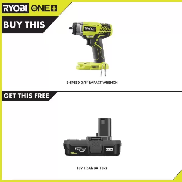 RYOBI 18-Volt ONE+ Cordless 3/8 in. 3-Speed Impact Wrench with 1.5 Ah Compact Lithium-Ion Battery