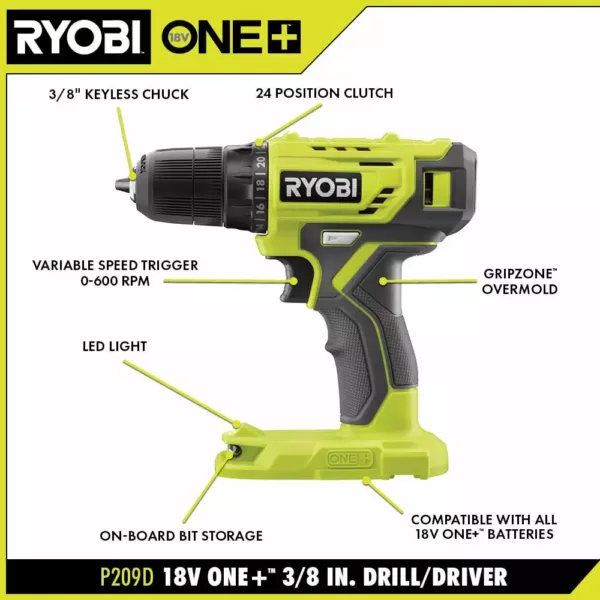 RYOBI ONE+ 18V Cordless 3/8 in. Drill/Driver Kit with 1.5 Ah Battery and Charger w/ Black Oxide Drill and Drive Kit (31-Piece)