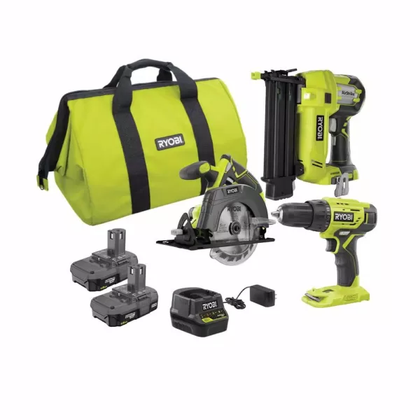 RYOBI 18-Volt ONE+ Lithium-Ion Cordless 2-Tool Combo Kit with Drill/Driver, Circular Saw, AirStrike 18-Gauge Brad Nailer