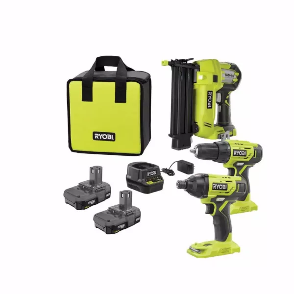 RYOBI 18-Volt ONE+ Lithium-Ion Cordless 3-Tool Combo Kit with Drill/Driver, Impact Driver, AirStrike 18-Gauge Brad Nailer