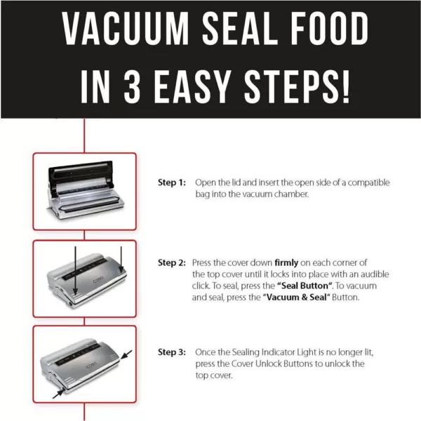 CASO VC 200 Black and Silver Food Vacuum Sealer with Fold-Out Cutter, Roll Box and Vacuum Bag Set