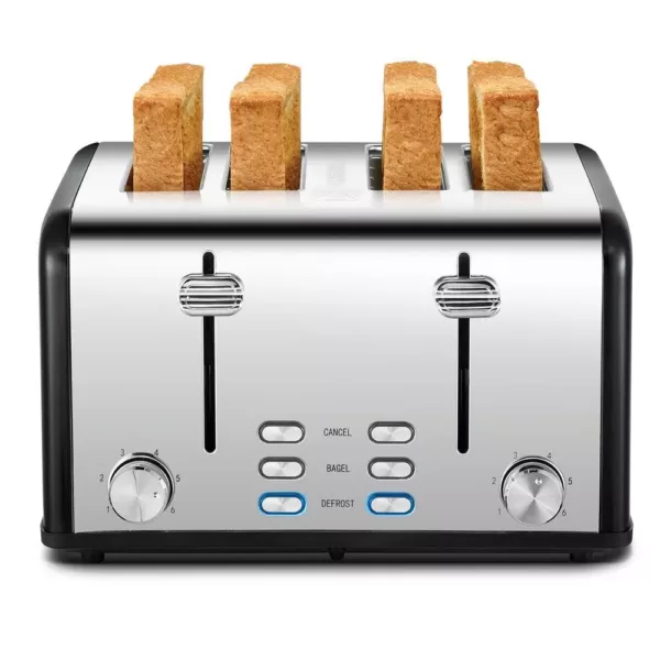 Boyel Living 1650 W 4-Slice Silver Wide Slot Toaster with Dual Control Panels of Bagel, Defrost and Cancel Function