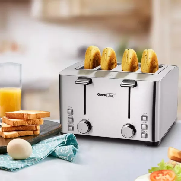 Boyel Living 1500 W 4-Slice Silver Wide Slot Toaster with 6 Bread Shade Settings and Removable Crumb Tray