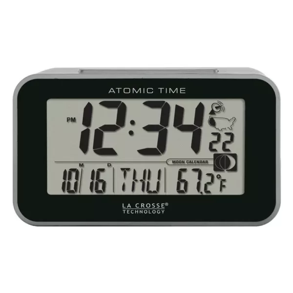 La Crosse Technology Atomic 4.76 in. x 3.12 in. Temperature and Moon Phase Black/Silver Digital Alarm Table Clock