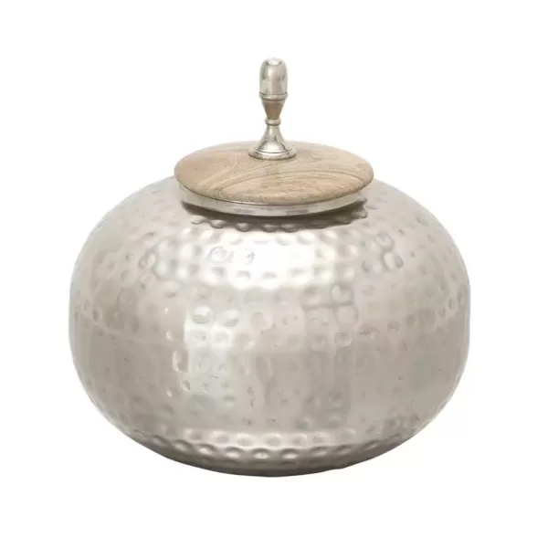 LITTON LANE 12 in. Silver Iron Urn-Type Squat Round Jar with Circular Oak Brown Wood Lid