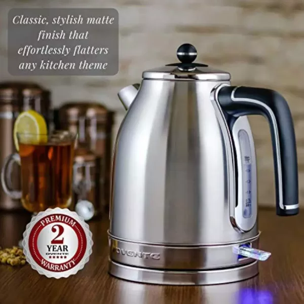 Ovente 7.2-Cup Silver Stainless Steel Electric Kettle with Removable Filter, Boil Dry Protection and Auto Shut Off Features