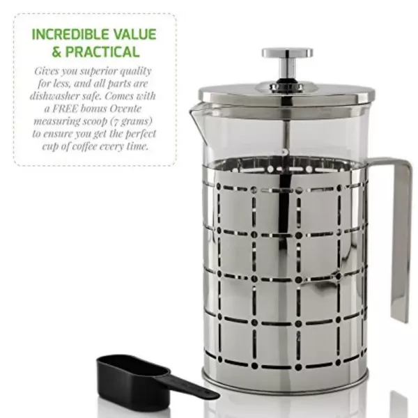 Ovente 3-Cup Silver Borosilicate Glass Heat-Resistant Cafetiere French Press Coffee and Tea Maker with Free Measuring Scoop