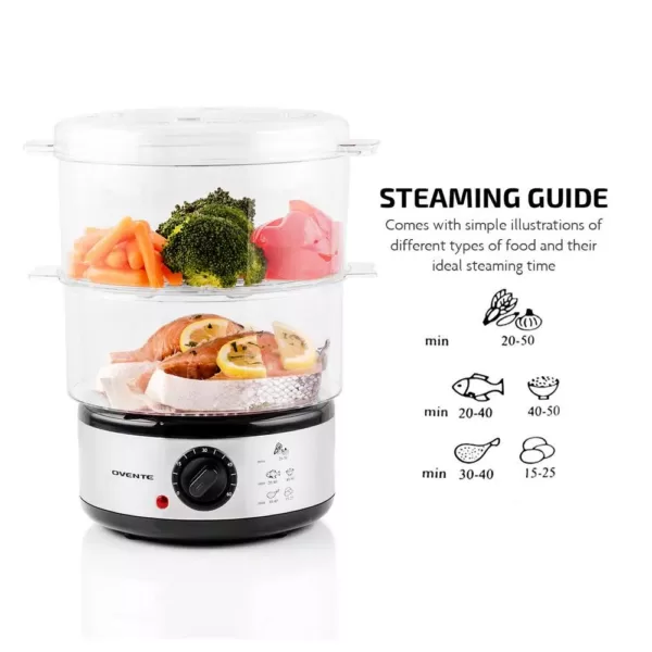 Ovente 20-Cup Silver 2-Tier Food Steamer with Stainless Steel Base and Plastic Containers