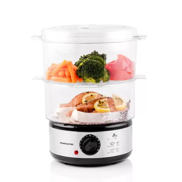 Ovente 20-Cup Silver 2-Tier Food Steamer with Stainless Steel Base and Plastic Containers