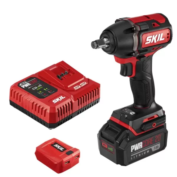 Skil PWRCore Brushless 20-Volt Cordless 1/2 in. Impact Wrench Kit w/5.0Ah Lithium-Ion Battery, PWRAsst USB Adapter & Charger