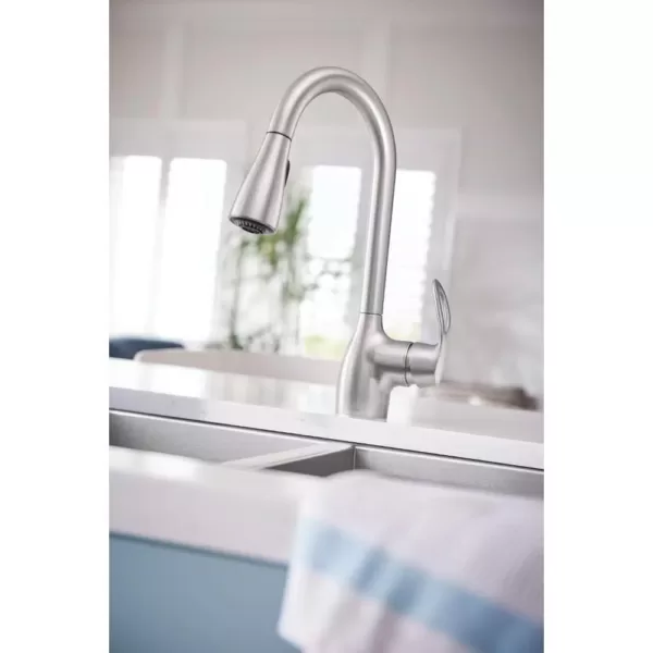 MOEN Kleo Single-Handle Pull-Down Sprayer Kitchen Faucet Power Clean in Spot Resist Stainless with Soap Dispenser